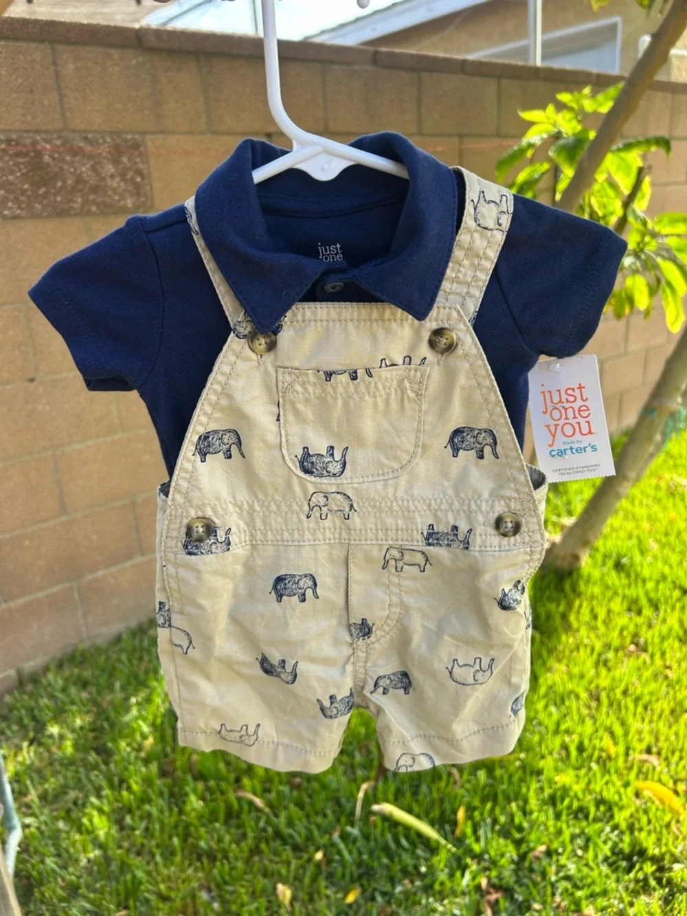Carter's Navy Polo with Tan Elephant-Print Short Overalls